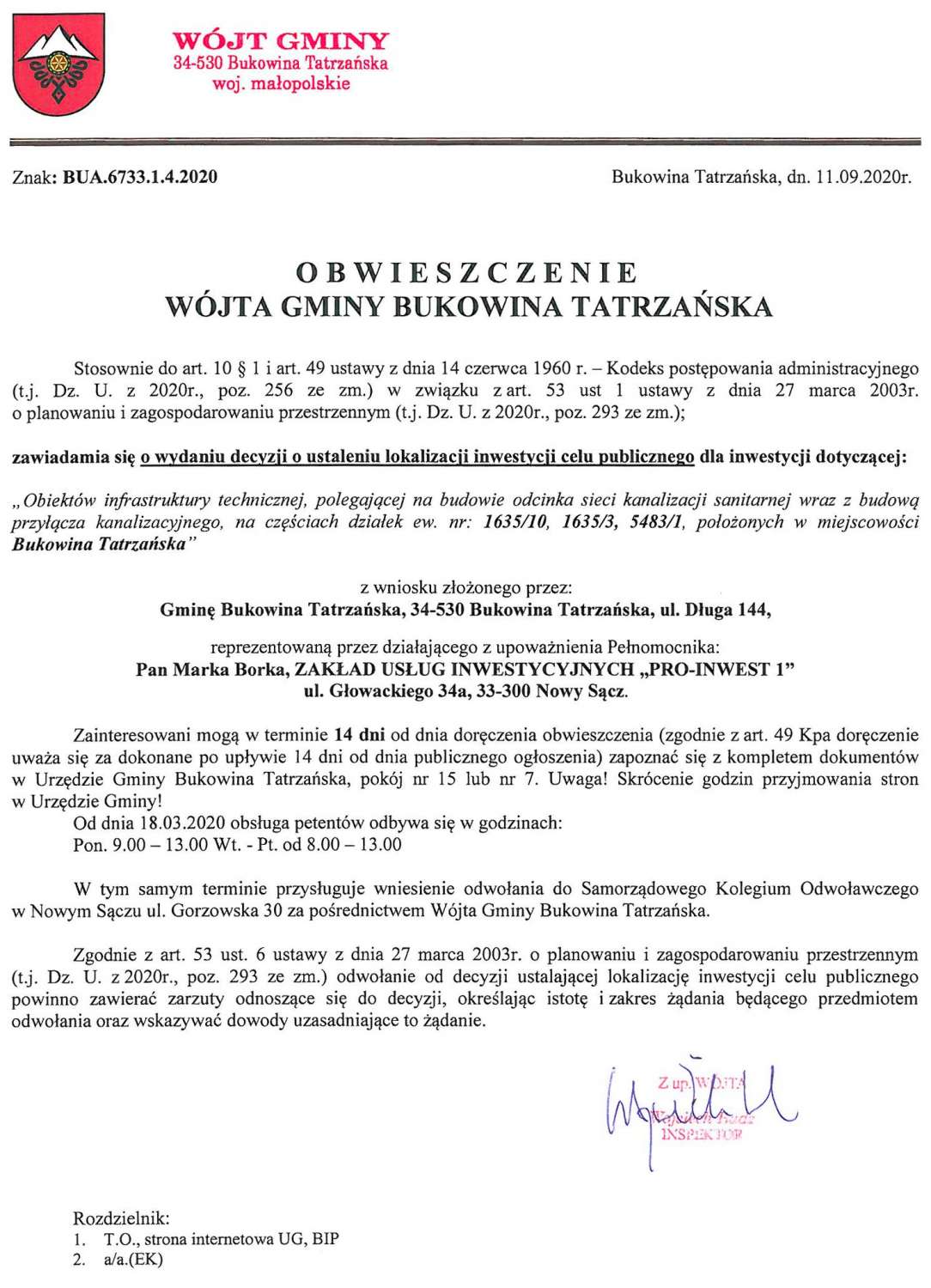 Obwieszczenie Wójta Gminy Bukowina Tatrzańska BUA 6733.1.4.2020