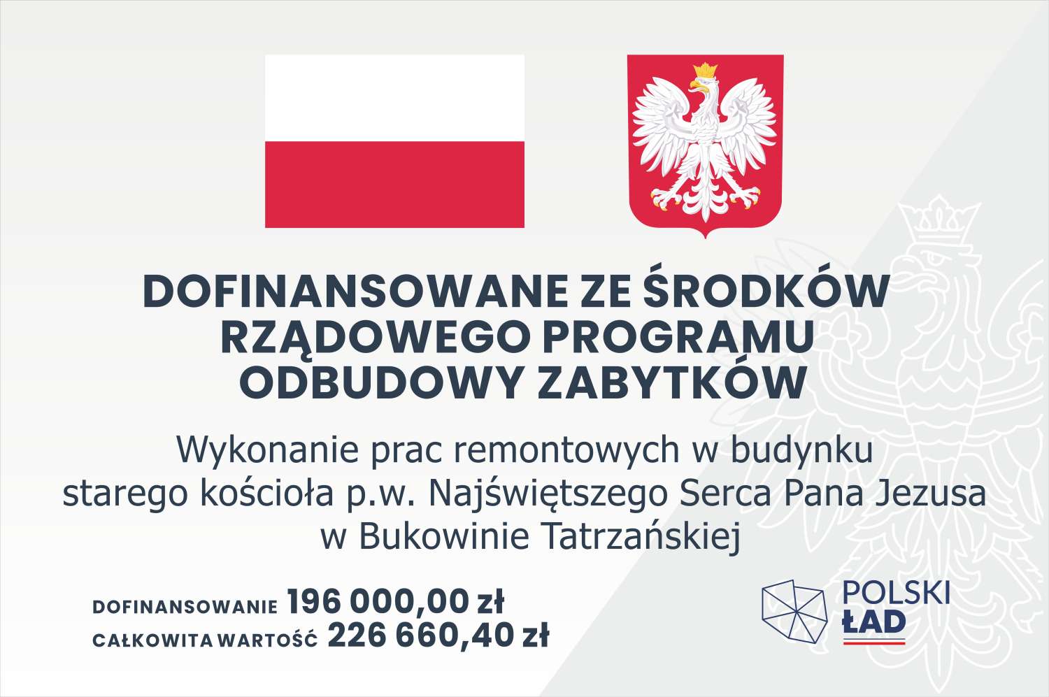 Wykonanie prac remontowych w budynku starego Kościoła p.w. Najświętszego Serca Pana Jezusa w Bukowinie Tatrzańskiej