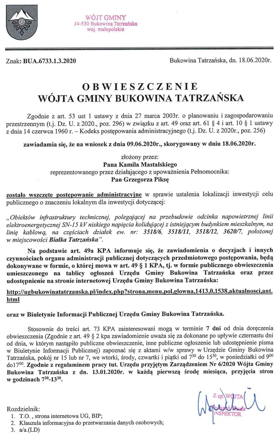 Obwieszczenie Wójta Gminy Bukowina Tatrzańska BUA 6733.1.3.2020