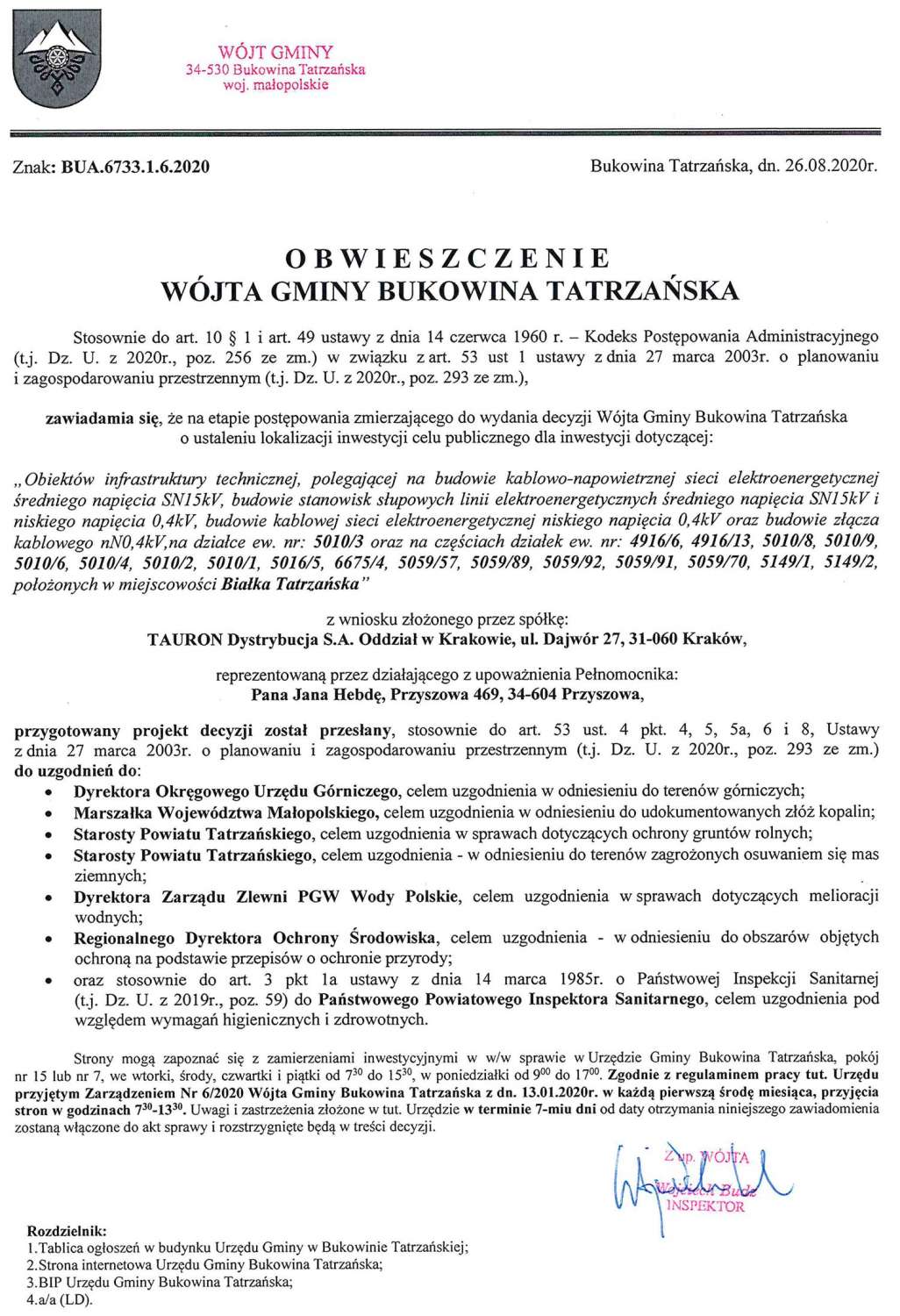 Obwieszczenie Wójta Gminy Bukowina Tatrzańska BUA 6733.1.6.2020