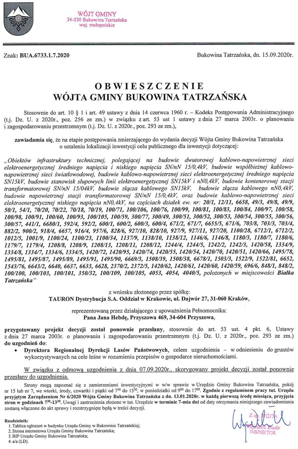 Obwieszczenie Wójta Gminy Bukowina Tatrzańska BUA 6733.1.7.2020