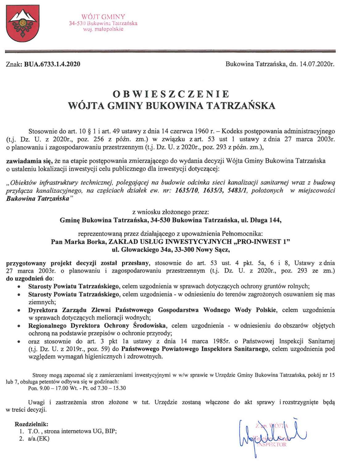 Obwieszczenie Wójta Gminy Bukowina Tatrzańska BUA 6733.1.4.2020