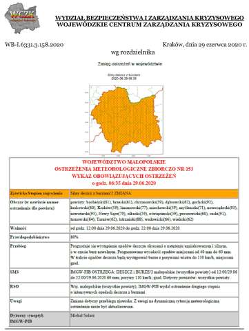 OSTRZEŻENIA METEOROLOGICZNE NR 153 - SILNY DESZCZ Z BURZAMI