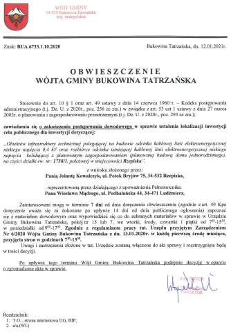 Obwieszczenie Wójta Gminy Bukowina Tatrzańska BUA 6733.1.10.2020