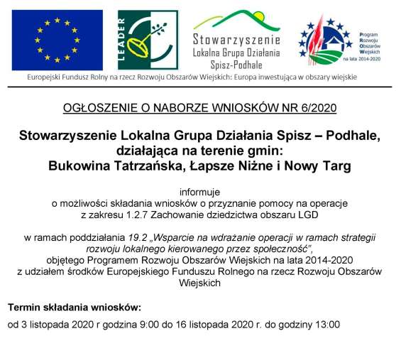 Ogłoszenie o naborze wniosków 6/2020