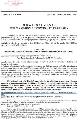 Obwieszczenie Wójta Gminy Bukowina Tatrzańska BUA 6730.24.2020 str 1