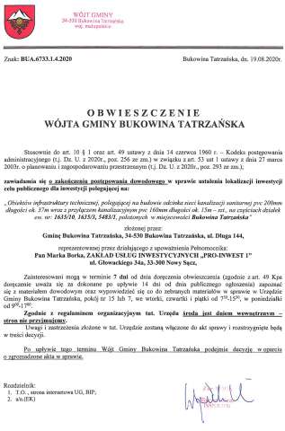 Obwieszczenie Wójta Gminy Bukowina Tatrzańska BUA 6733.1.4.2020