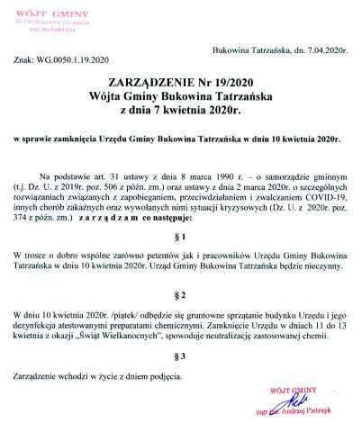 Zamknięcie Urzędu Gminy Bukowina Tatrzańska w dniu 10 kwietnia 2020 r.