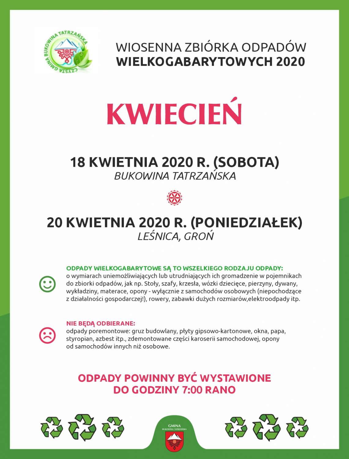 WIOSENNA ZBIÓRKA ODPADÓW WIELKOGABARYTOWYCH - KWIECIEŃ 2020