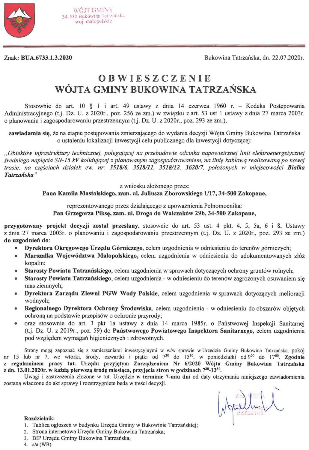 Obwieszczenie Wójta Gminy Bukowina Tatrzańska BUA 6733.1.3.2020