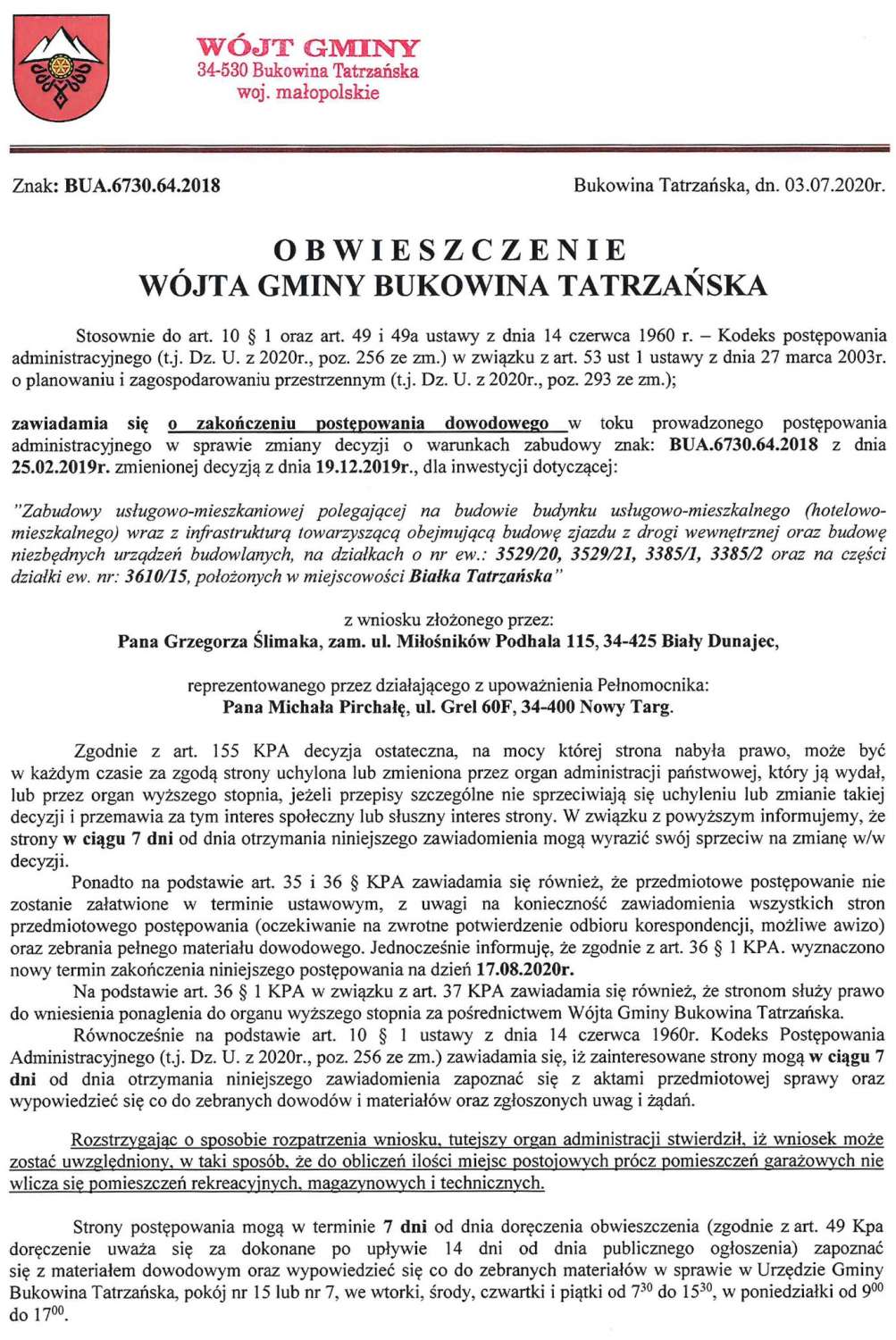 Obwieszczenie Wójta Gminy Bukowina Tatrzańska BUA 6730.64.2018 str 1