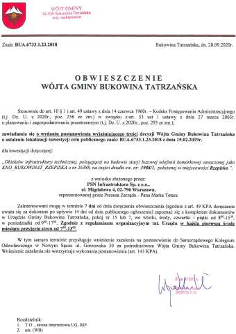 Obwieszczenie Wójta Gminy Bukowina Tatrzańska BUA 6733.1.23.2018