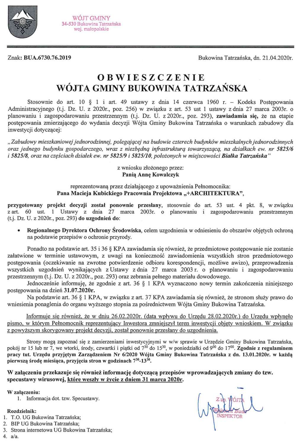 Obwieszczenie Wójta Gminy Bukowina Tatrzańska BUA 6730.76.2019