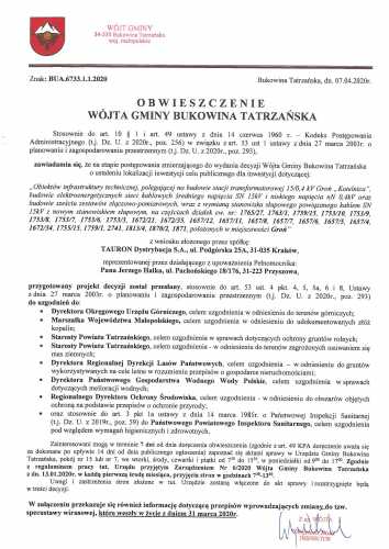 Obwieszczenie Wójta Gminy Bukowina Tatrzańska BUA 6733.1.1.2020 str 1