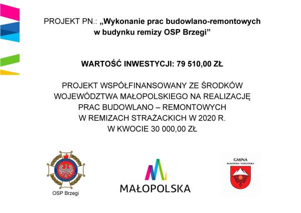 Projekt współfinansowany ze środków Województwa Małopolskiego na realizację prac budowlano-remontowych w remizach strażackich w 2020 r.