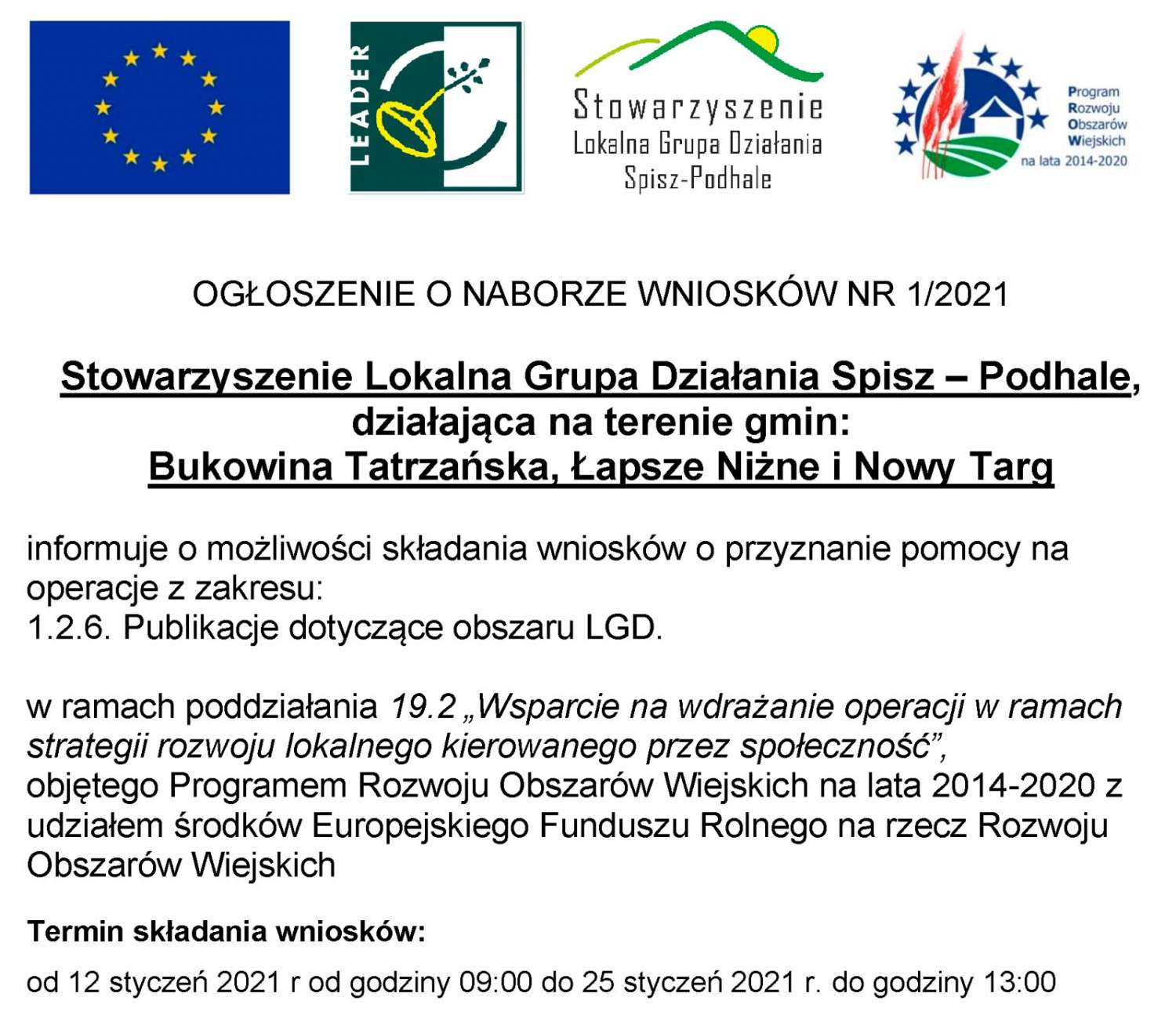 Lokalna Grupa Działania Spisz-Podhale - Ogłoszenie o naborze wniosków 1/2021