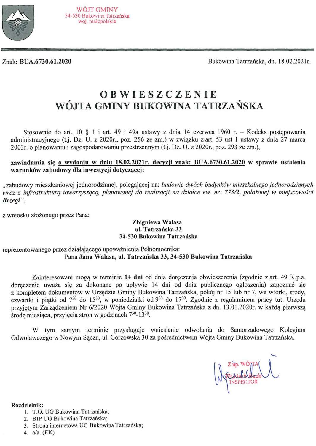 Obwieszczenie Wójta Gminy Bukowina Tatrzańska BUA 6730.61.2020