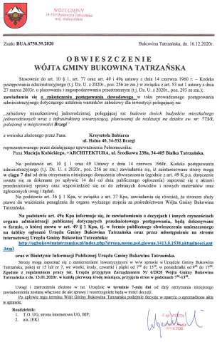 Obwieszczenie Wójta Gminy Bukowina Tatrzańska BUA 6730.39.2020