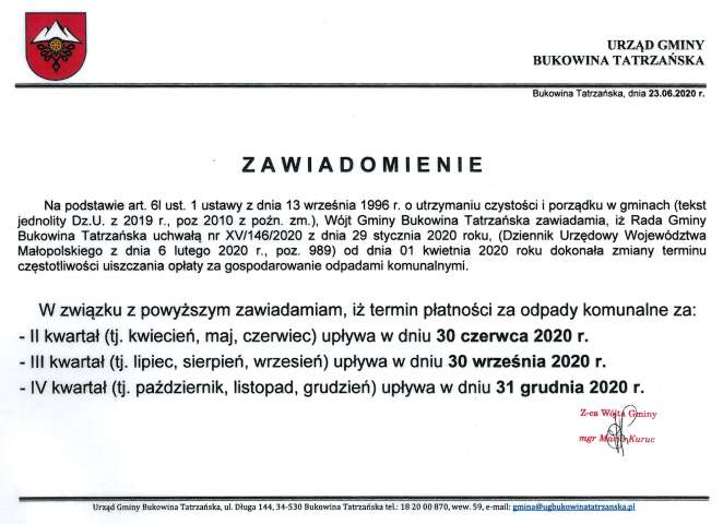 Terminy płatności za odpady komunalne 2020 r. - ZAWIADOMIENIE