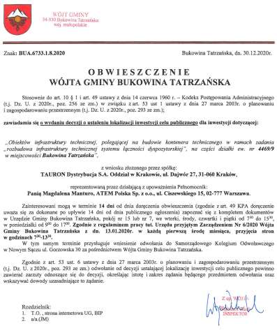 Obwieszczenie Wójta Gminy Bukowina Tatrzańska BUA 6733.1.8.2020