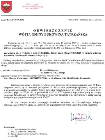 Obwieszczenie Wójta Gminy Bukowina Tatrzańska BUA 6730.39.2020