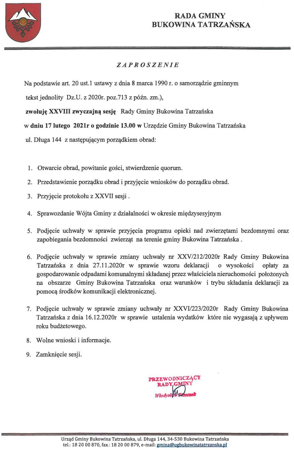 XXVIII zwyczajna sesja Rady Gminy Bukowina Tatrzańska w dniu 17 lutego 2021 - ZAPROSZENIE
