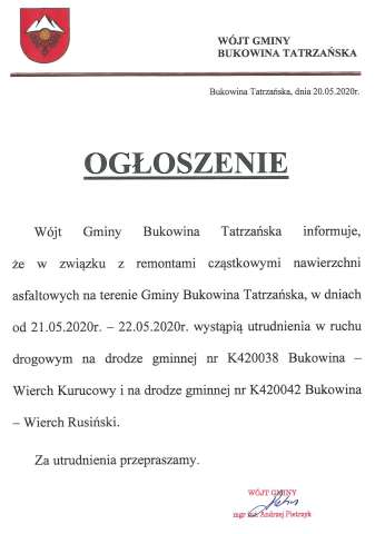 Utrudnienia w ruchu drogowym na drodze gminnej Bukowina - Wierch Kurucowy