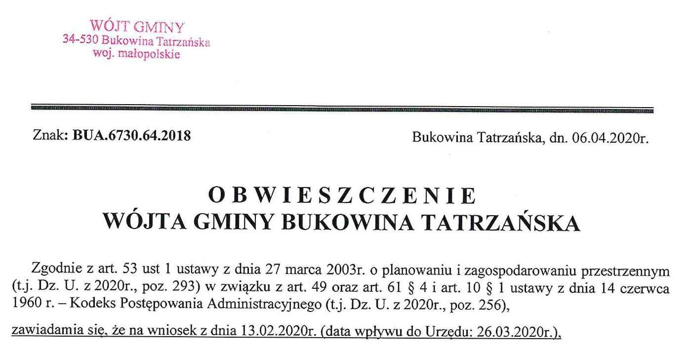 Obwieszczenie Wójta Gminy Bukowina Tatrzańska BUA 6730.64.2018