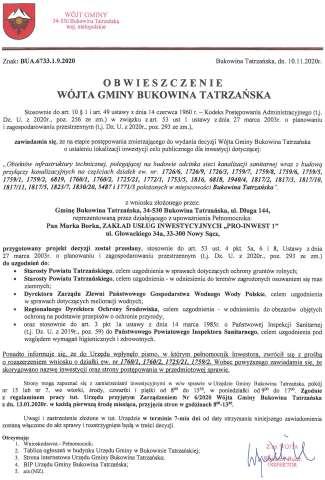 Obwieszczenie Wójta Gminy Bukowina Tatrzańska BUA 6733.1.9.2020