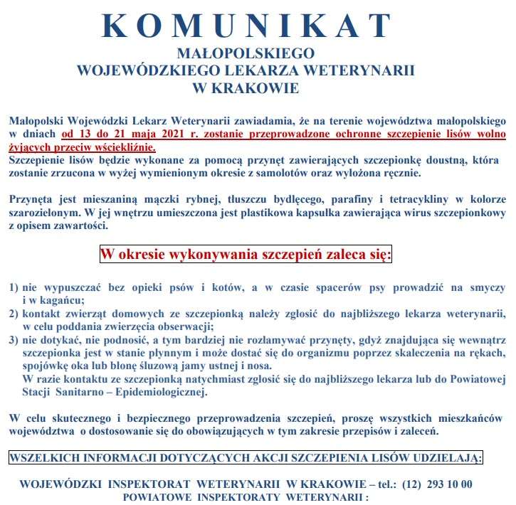 Komunikat Małopolskiego Wojewódzkiego Lekarza Weterynarii w Krakowie