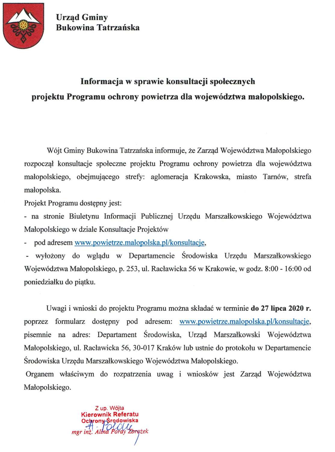 Informacja o konsultacjach społecznych Programu ochrony powietrza dla województwa małopolskiego