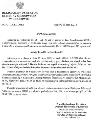 Regionalny Dyrektor Ochrony Środowiska w Krakowie zwiadamia