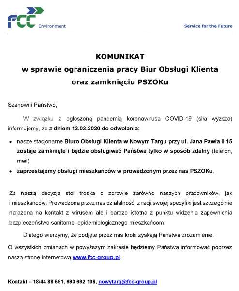 FCC – PSZOK zamknięty dla mieszkańców od 2020-03-13