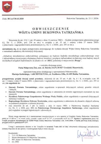 Obwieszczenie Wójta Gminy Bukowina Tatrzańska BUA 6730.43.2020