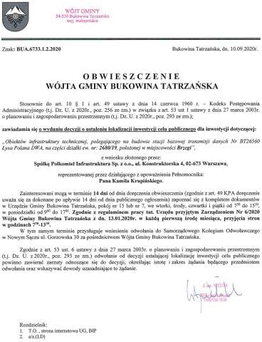 Obwieszczenie Wójta Gminy Bukowina Tatrzańska BUA 6733.1.2.2020