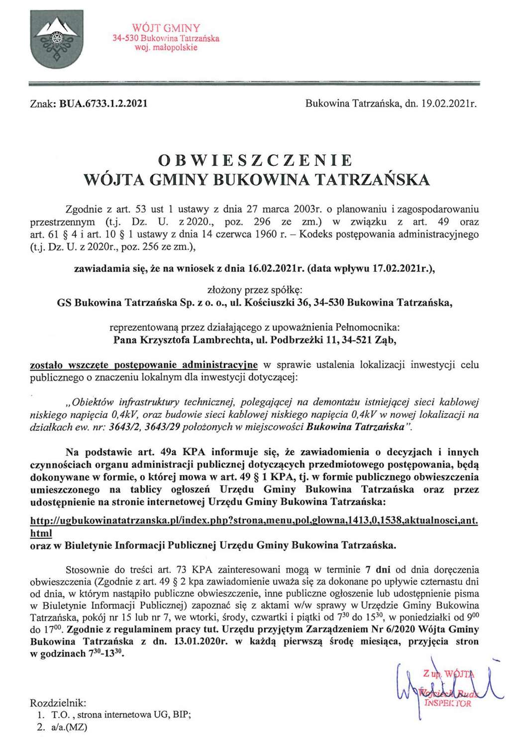 Obwieszczenie Wójta Gminy Bukowina Tatrzańska BUA 6733.1.2.2021