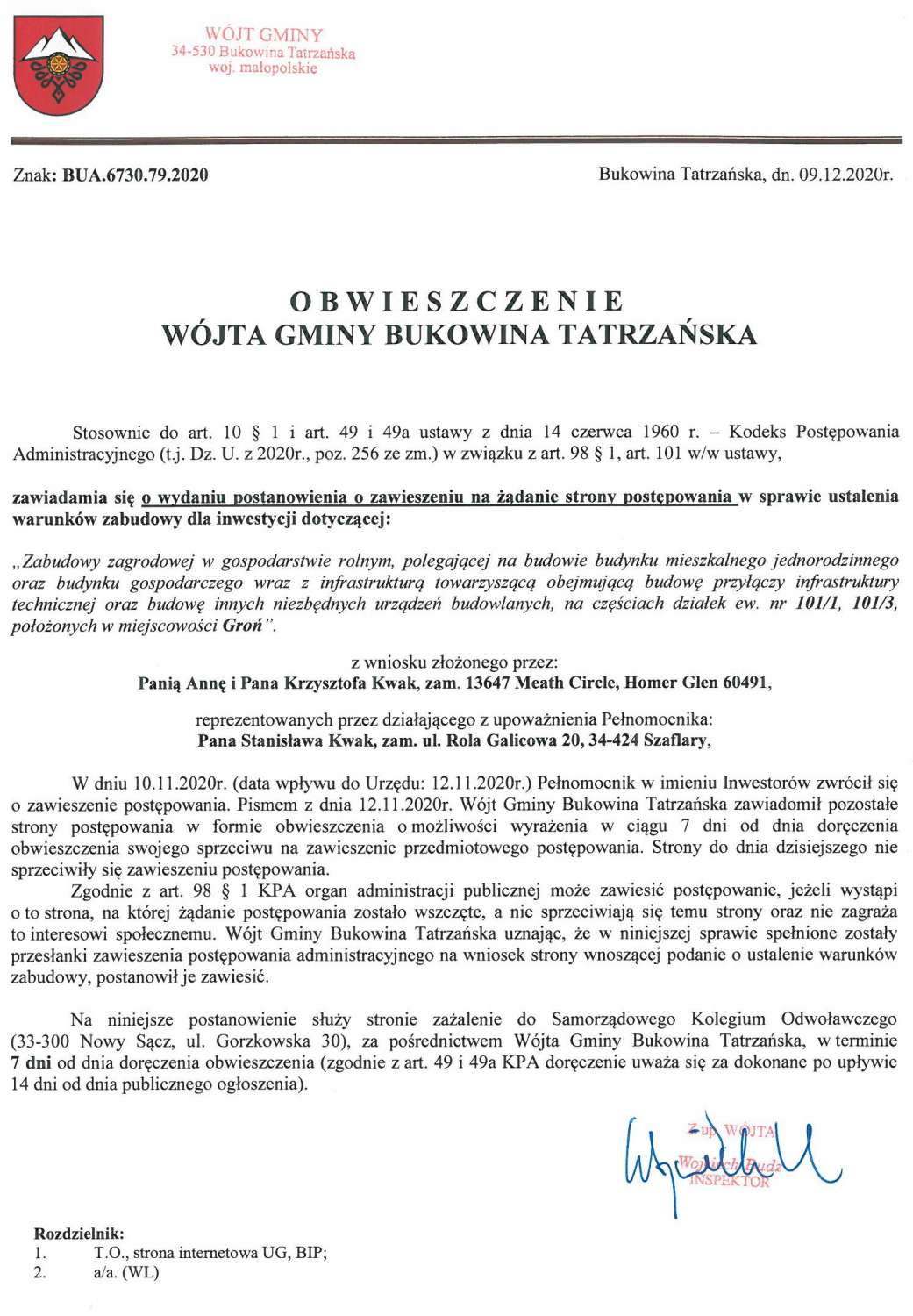 Obwieszczenie Wójta Gminy Bukowina Tatrzańska BUA 6730.79.2020