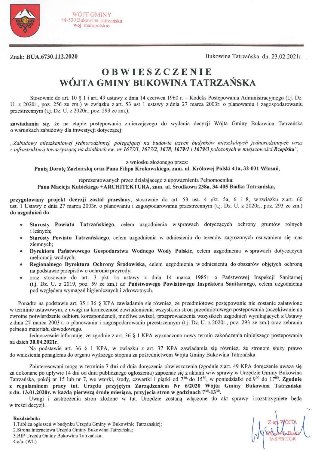 Obwieszczenie Wójta Gminy Bukowina Tatrzańska BUA 6730.112.2020