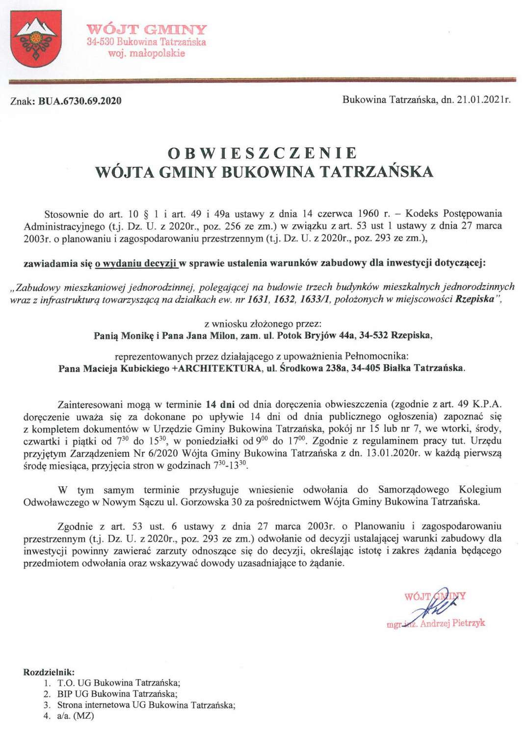 Obwieszczenie Wójta Gminy Bukowina Tatrzańska BUA 6730.69.2020