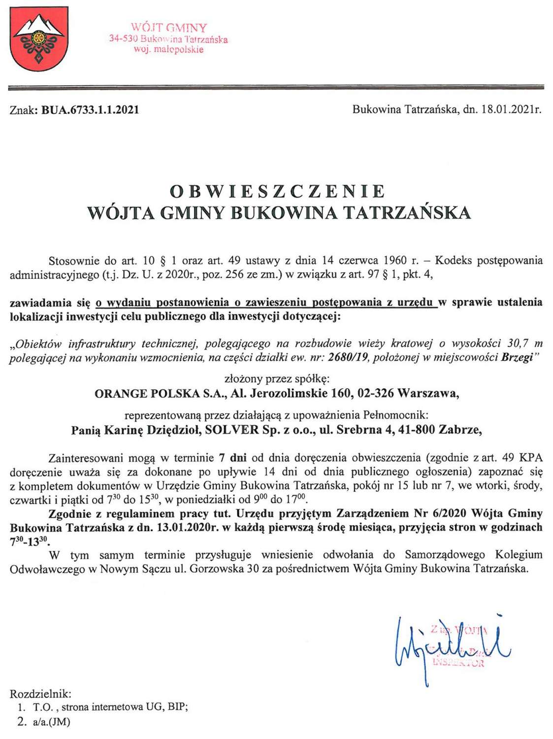 Obwieszczenie Wójta Gminy Bukowina Tatrzańska BUA 6733.1.1.2021