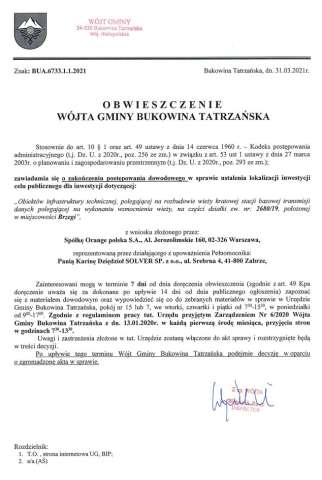 Obwieszczenie Wójta Gminy Bukowina Tatrzańska BUA 6733.1.3.2021