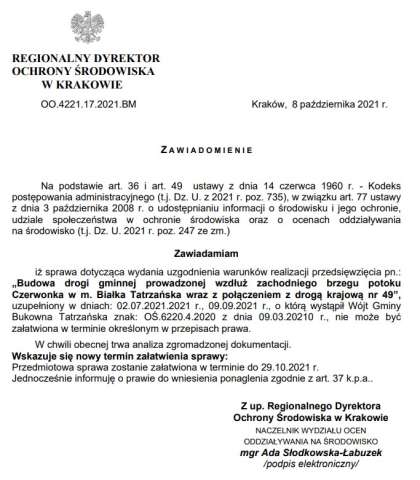 Regionalny Dyrektor Ochrony Środowiska w Krakowie zawiadamia