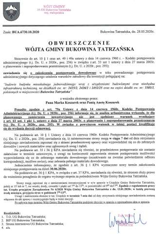 Obwieszczenie Wójta Gminy Bukowina Tatrzańska BUA 6730.10.2020