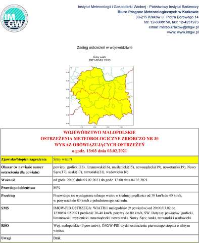 OSTRZEŻENIA METEOROLOGICZNE NR 30 - SILNY WIATR