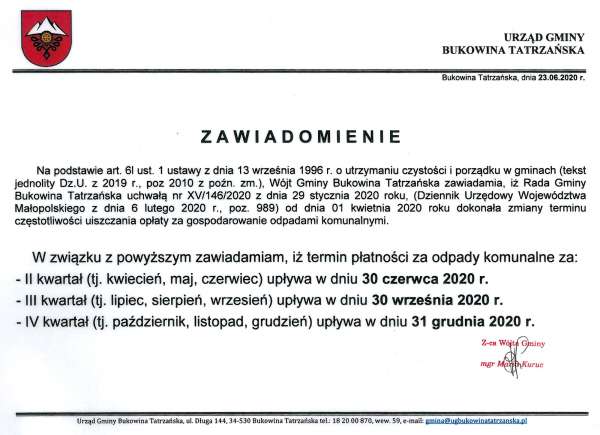 Terminy płatności za odpady komunalne 2020 r. - ZAWIADOMIENIE
