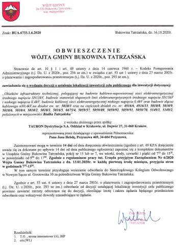 Obwieszczenie Wójta Gminy Bukowina Tatrzańska BUA 6733.1.6.2020