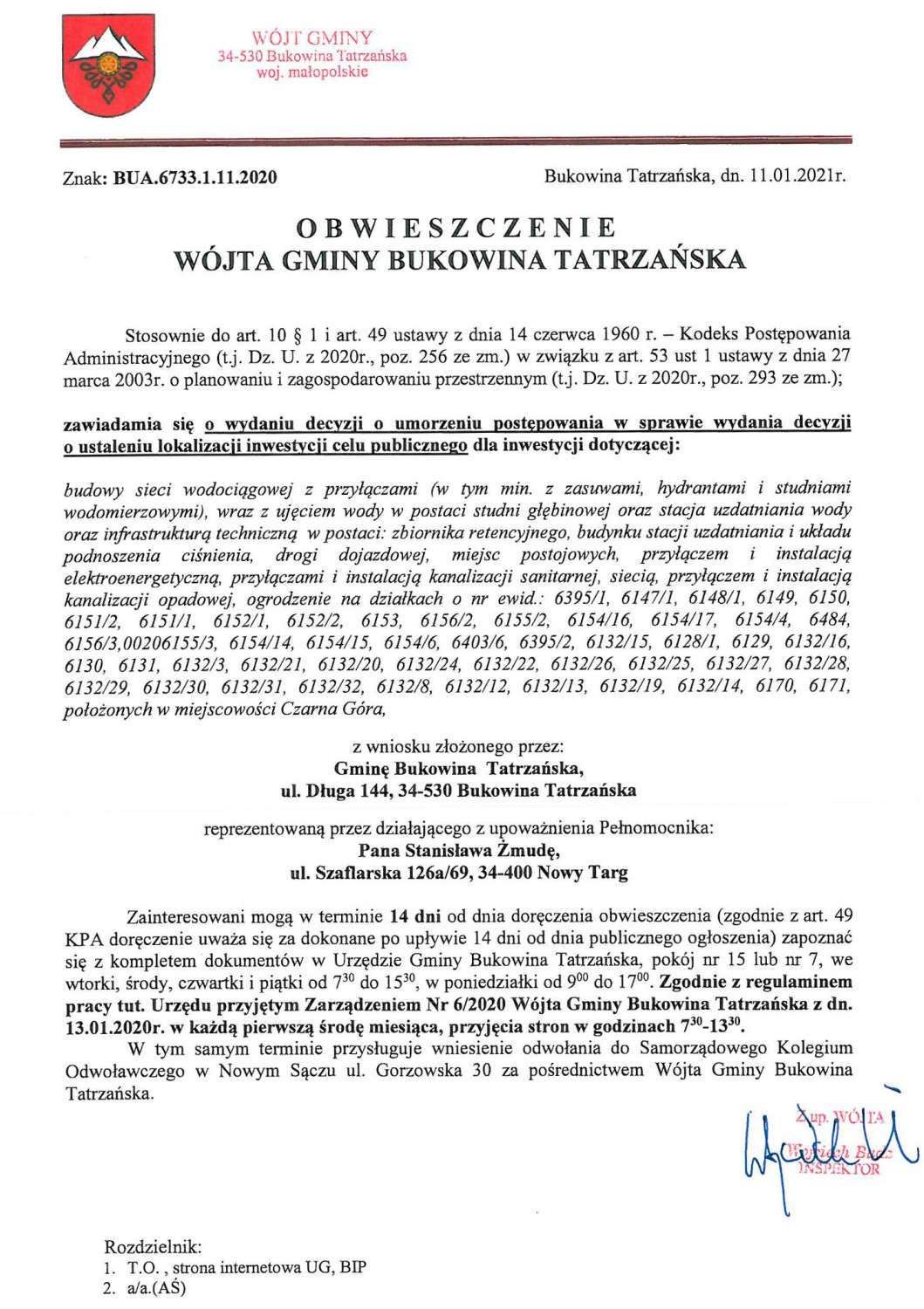 Obwieszczenie Wójta Gminy Bukowina Tatrzańska BUA 6733.1.11.2020