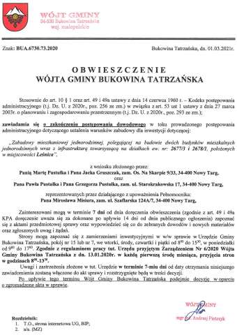 Obwieszczenie Wójta Gminy Bukowina Tatrzańska BUA 6730.73.2020