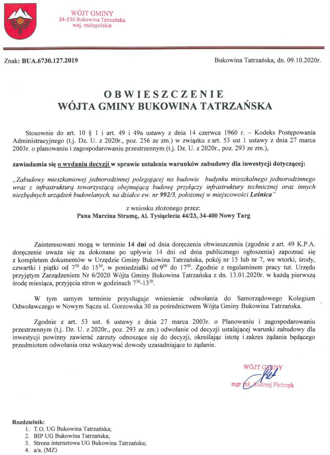 Obwieszczenie Wójta Gminy Bukowina Tatrzańska BUA 6730.127.2019