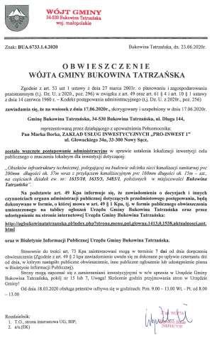 Obwieszczenie Wójta Gminy Bukowina Tatrzańska BUA 6733.1.4.2020